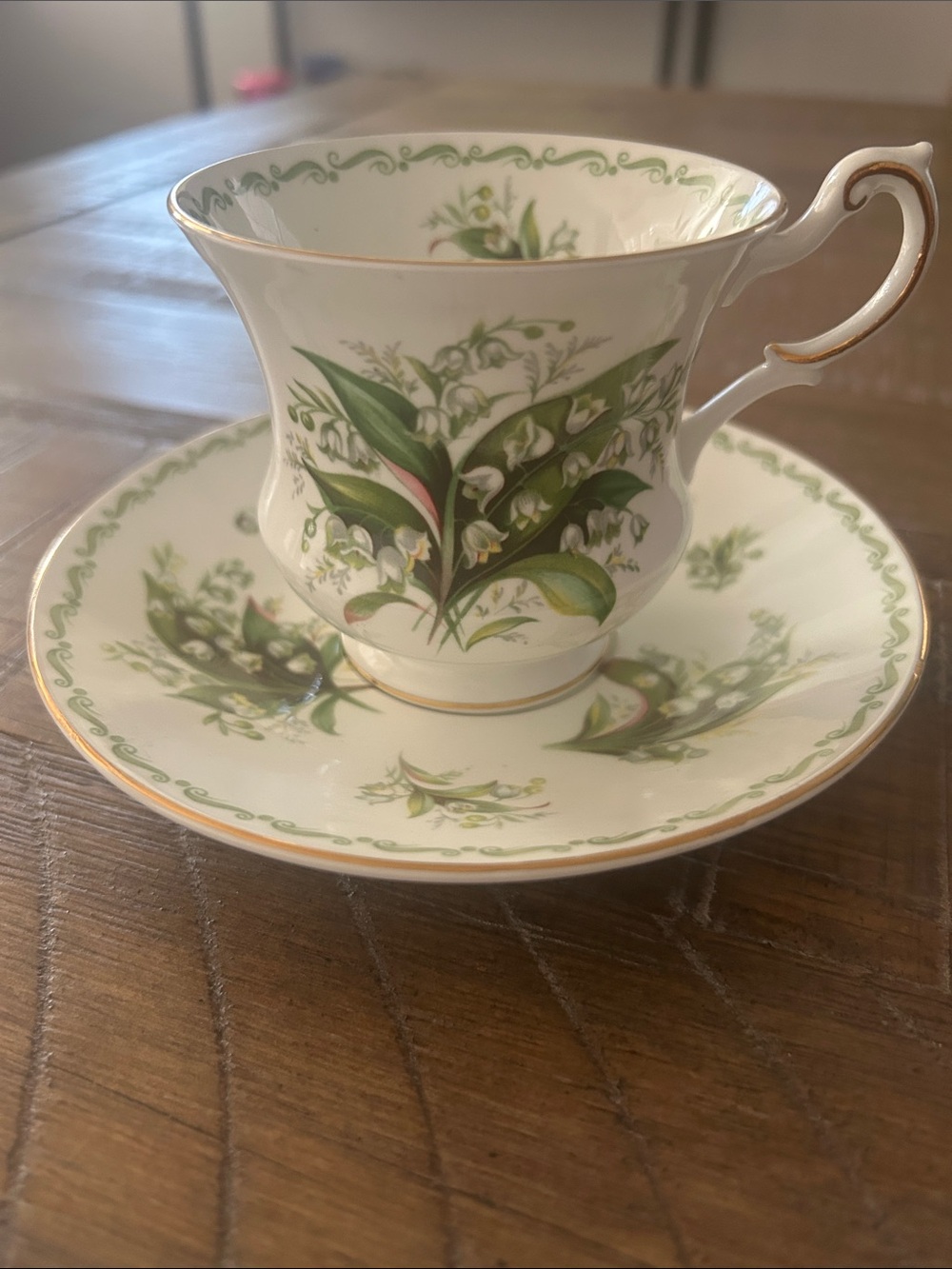 Fine China Tea Cup & Saucer with Green Lily-of-the-Valley Motif